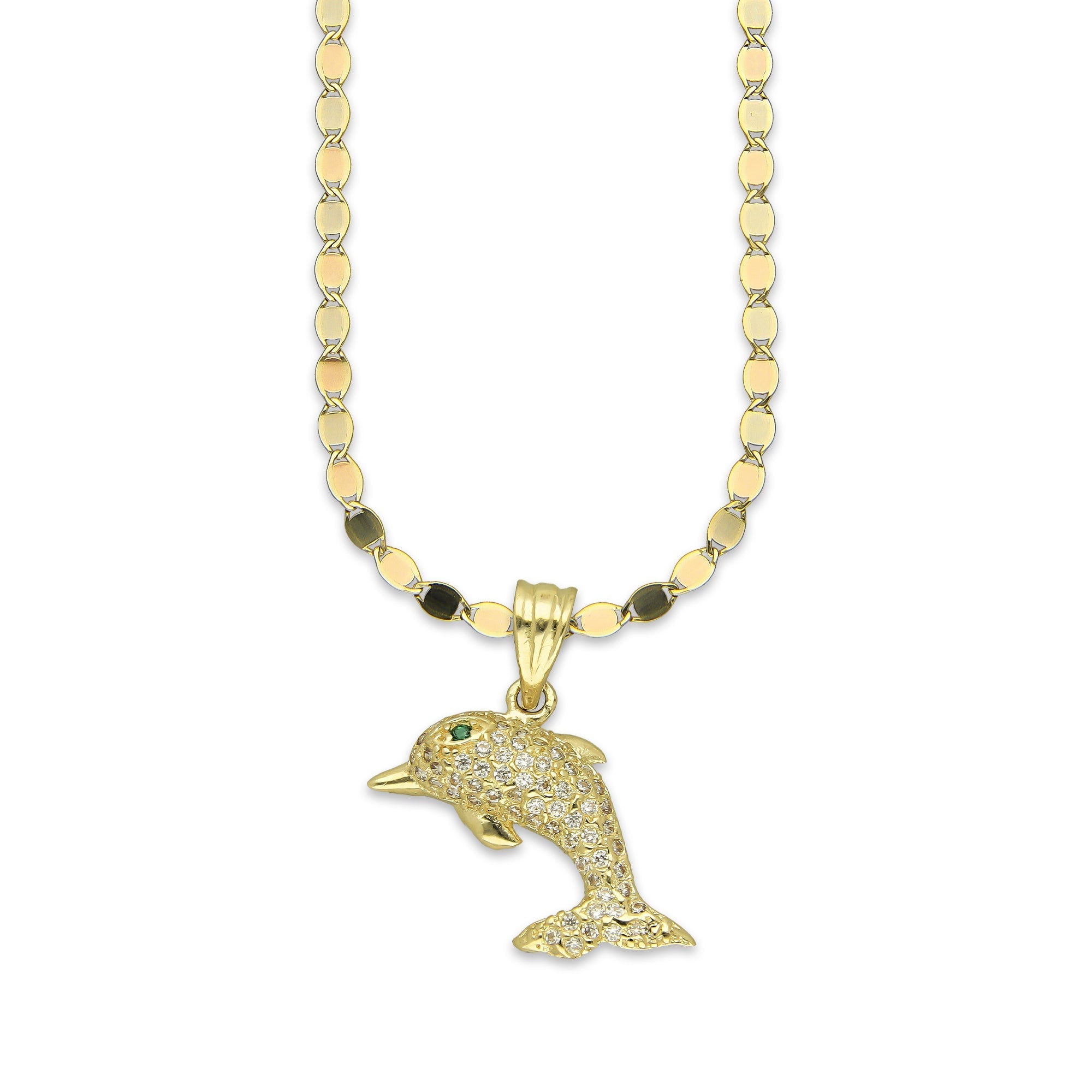 NR14DP037 Cadena Oro Sólido 10K + Dije Oro Sólido 14K Delfin Pavé 2 cm x 2.3 cm