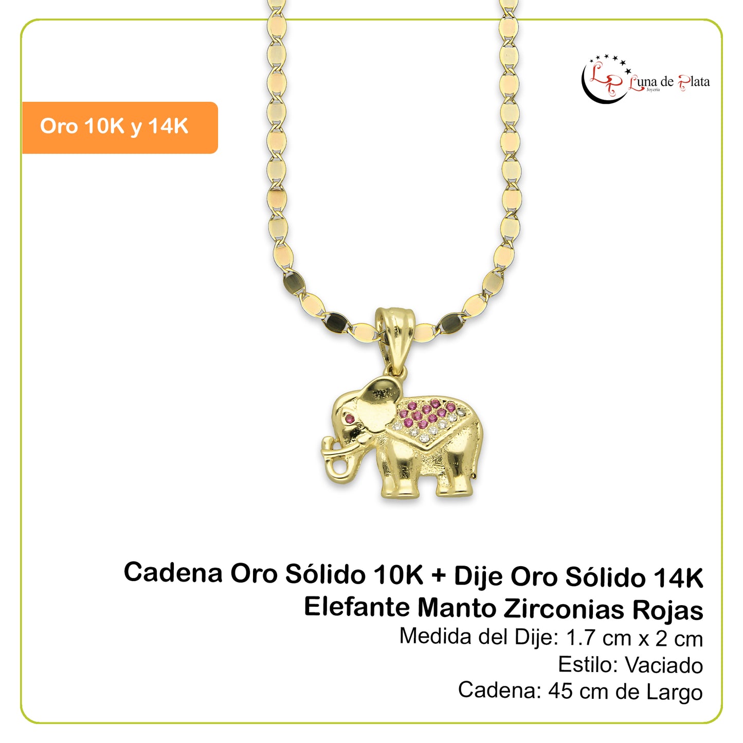 NR14DP040 Cadena Oro Sólido 10K + Dije Oro Sólido 14K Elefante Manto Zirconias Rojas 1.7 cm x 2 cm