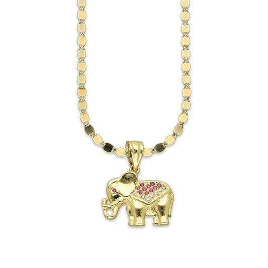 NR14DP040 Cadena Oro Sólido 10K + Dije Oro Sólido 14K Elefante Manto Zirconias Rojas 1.7 cm x 2 cm