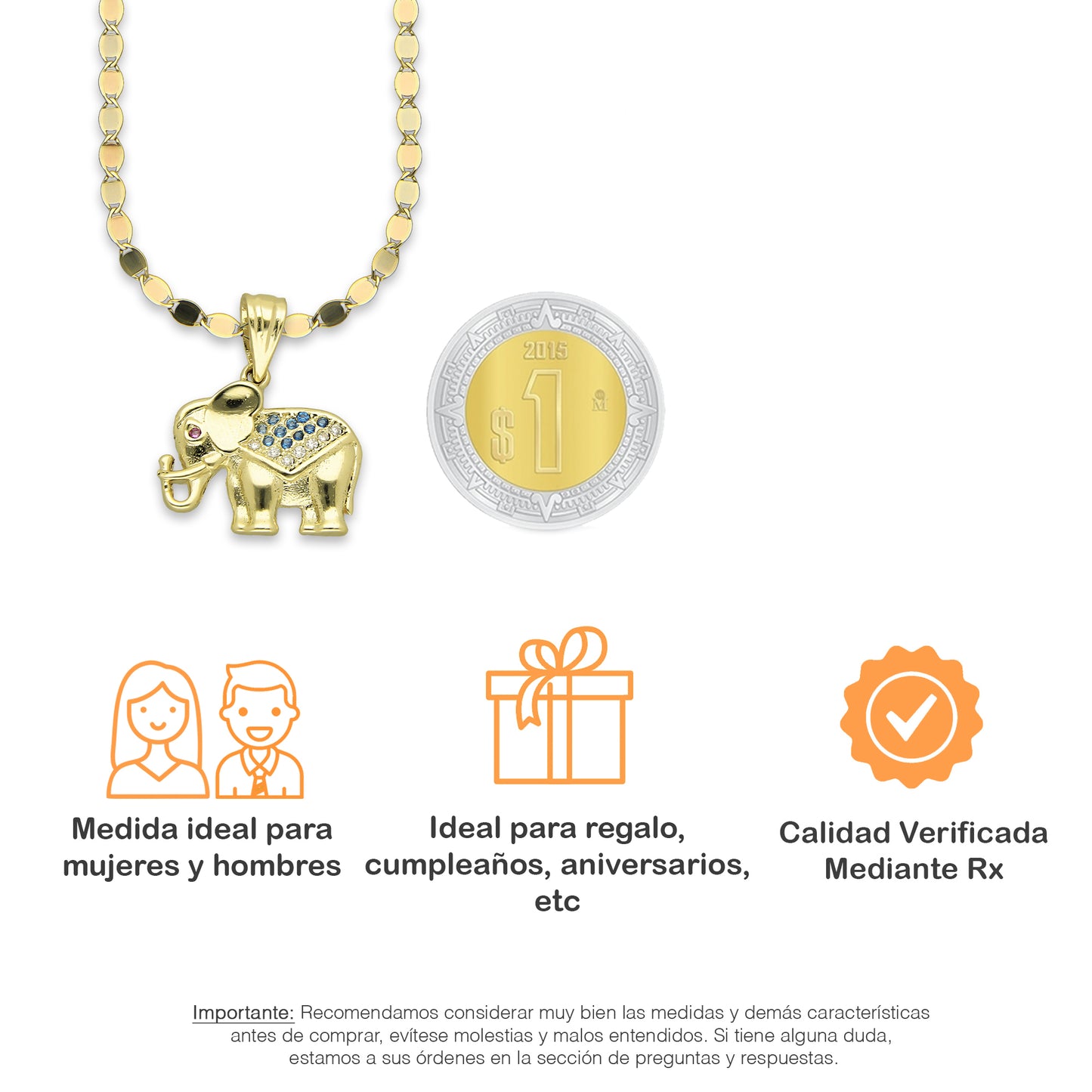 NR14DP041 Cadena Oro Sólido 10K + Dije Oro Sólido 14K Elefante Manto Zirconias Verdes 1.7 cm x 2 cm