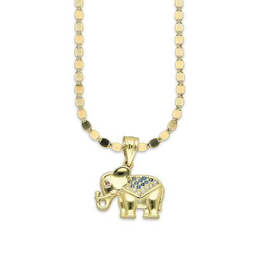 NR14DP041 Cadena Oro Sólido 10K + Dije Oro Sólido 14K Elefante Manto Zirconias Verdes 1.7 cm x 2 cm