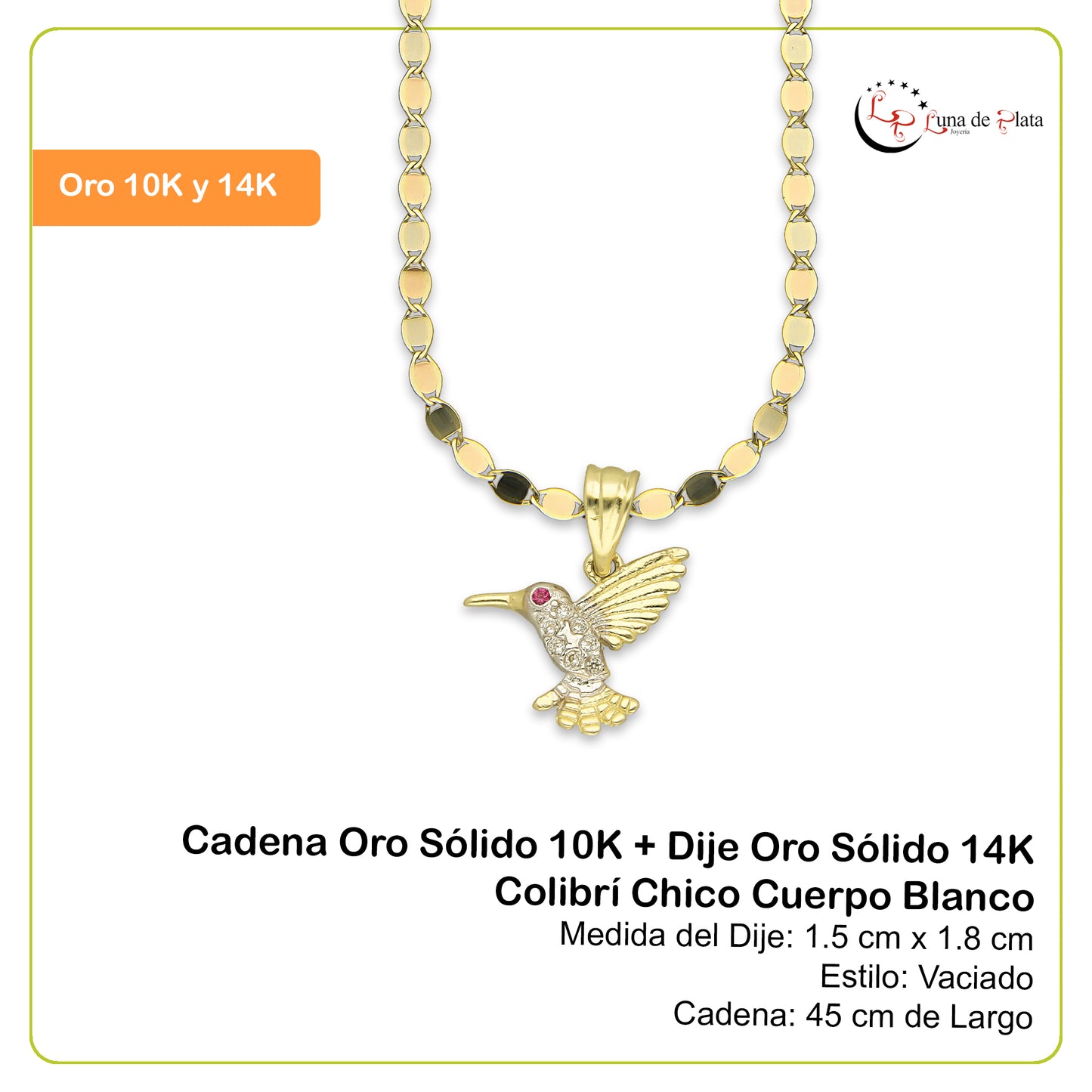 NR14DP046 Cadena Oro Sólido 10K + Dije Oro Sólido 14K Colibrí Chico Cuerpo Blanco 1.5 cm x 1.8 cm