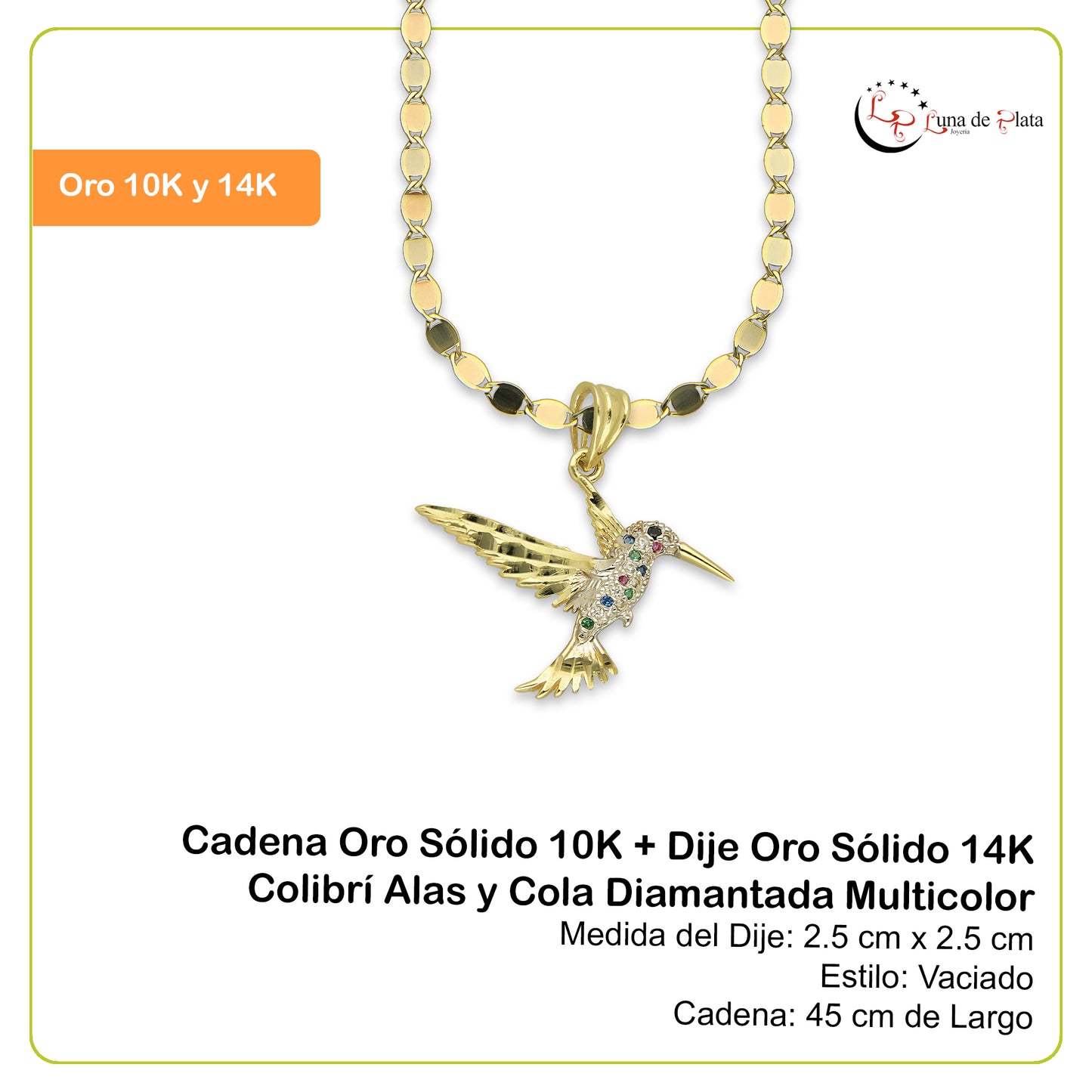 NR14DP048 Cadena Oro Sólido 10K + Dije Oro Sólido 14K Colibrí Alas y Cola Diamantada Multicolor 2.5 cm x 2.5 cm