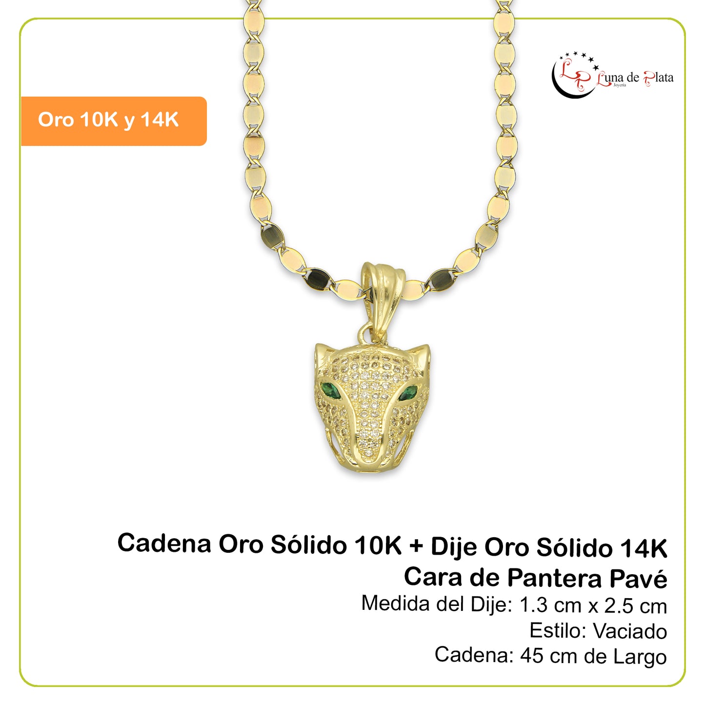 NR14DP055 Cadena Oro Sólido 10K + Dije Oro Sólido 14K Cara de Pantera Pavé 1.3 cm x 2.5 cm