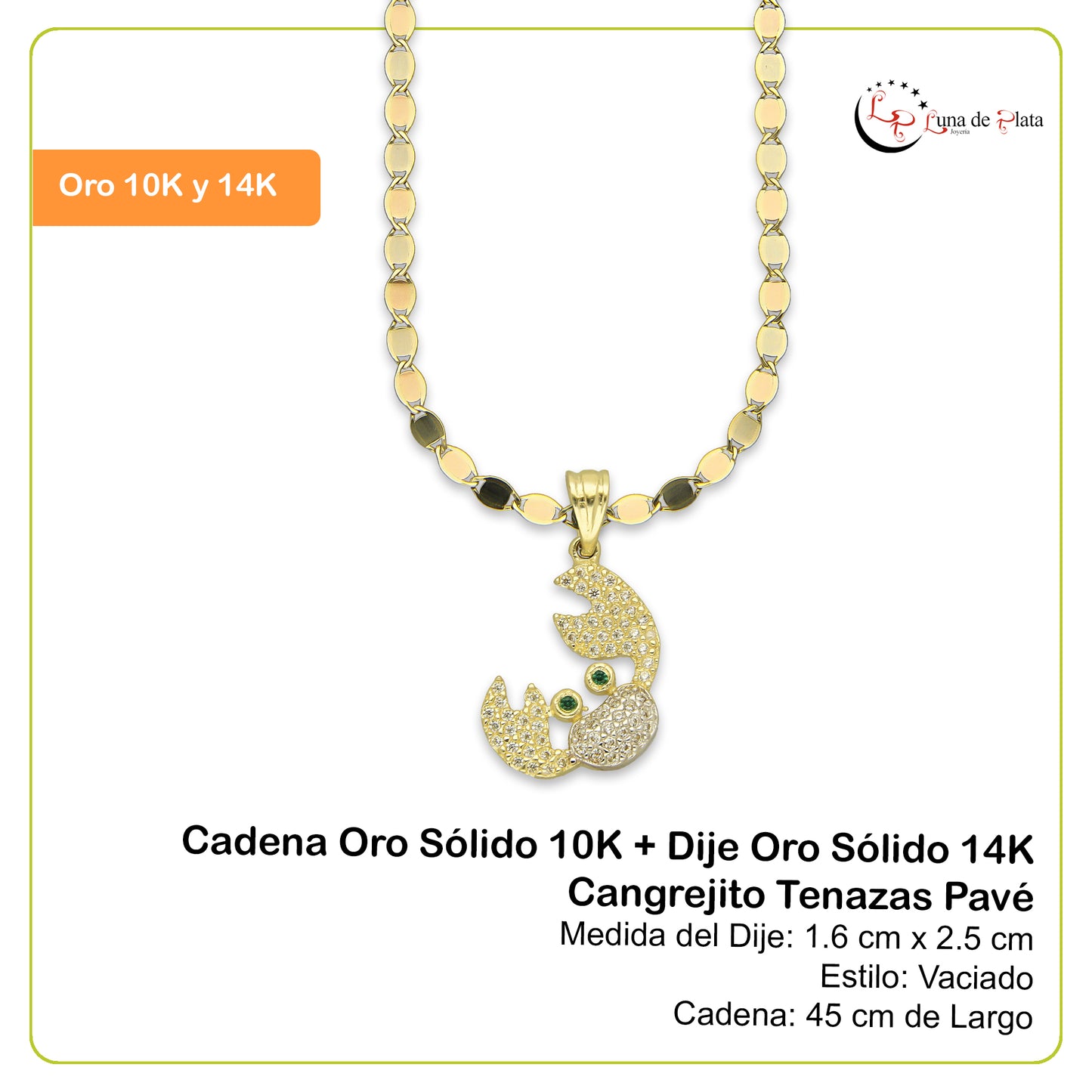 NR14DP056 Cadena Oro Sólido 10K + Dije Oro Sólido 14K Cangrejito Tenazas Pavé 1.6 cm x 2.5 cm