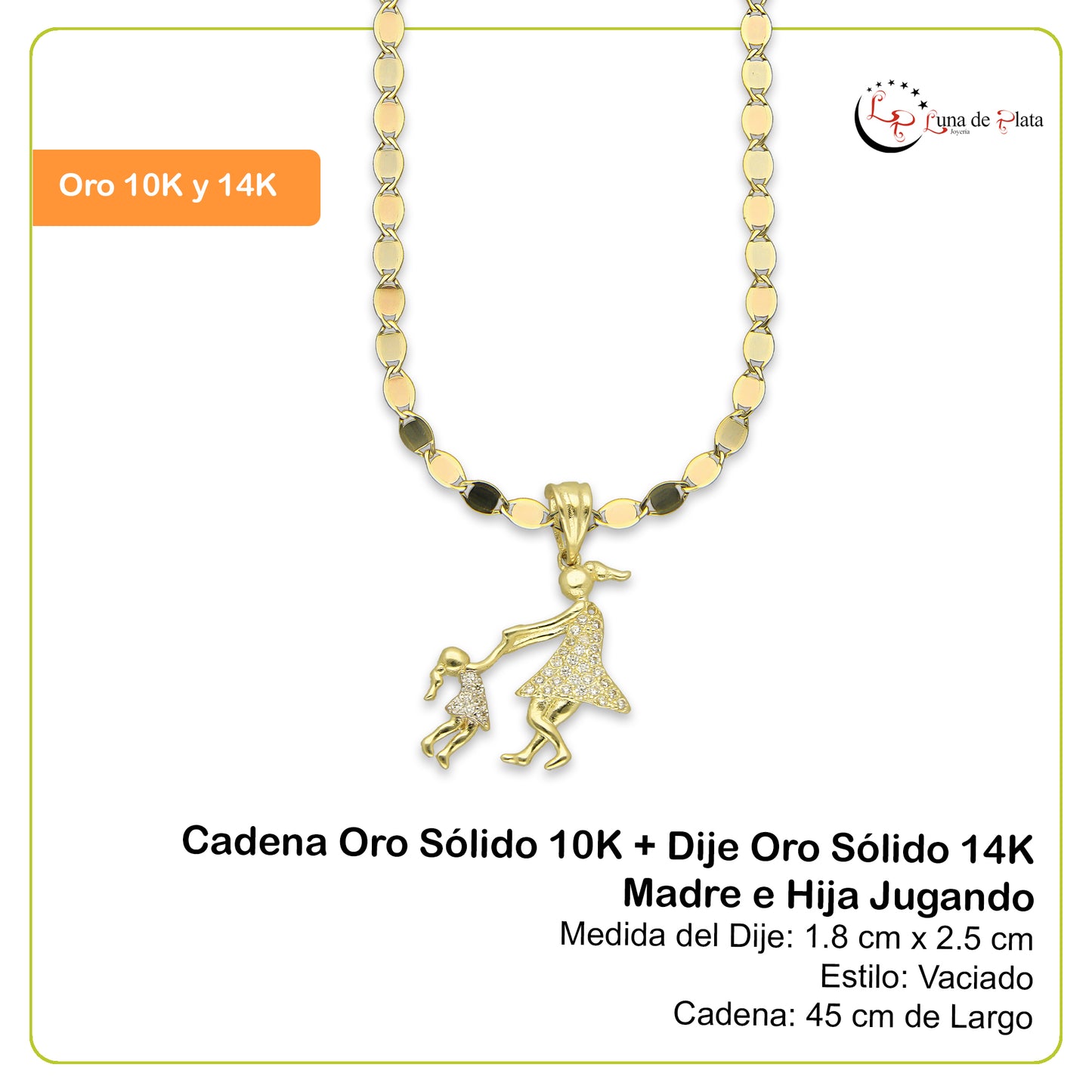 NR14DP058 Cadena Oro Sólido 10K + Dije Oro Sólido 14K Madre e Hija Jugando 1.8 cm x 2.5 cm