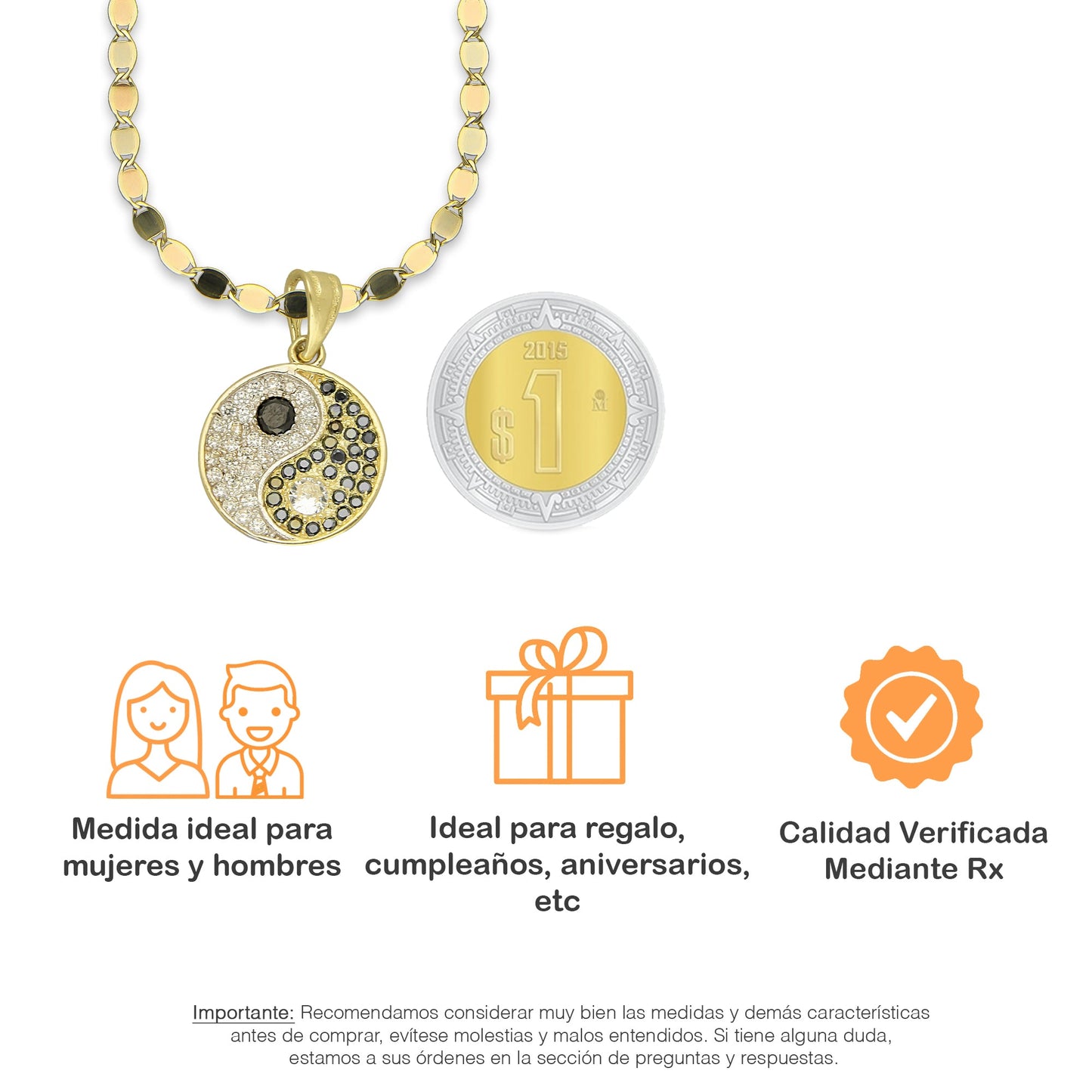 NR14DP063 Cadena Oro Sólido 10K + Dije Oro Sólido 14K Dije Yin Yang con Zirconias 1.5 cm x 2.2 cm