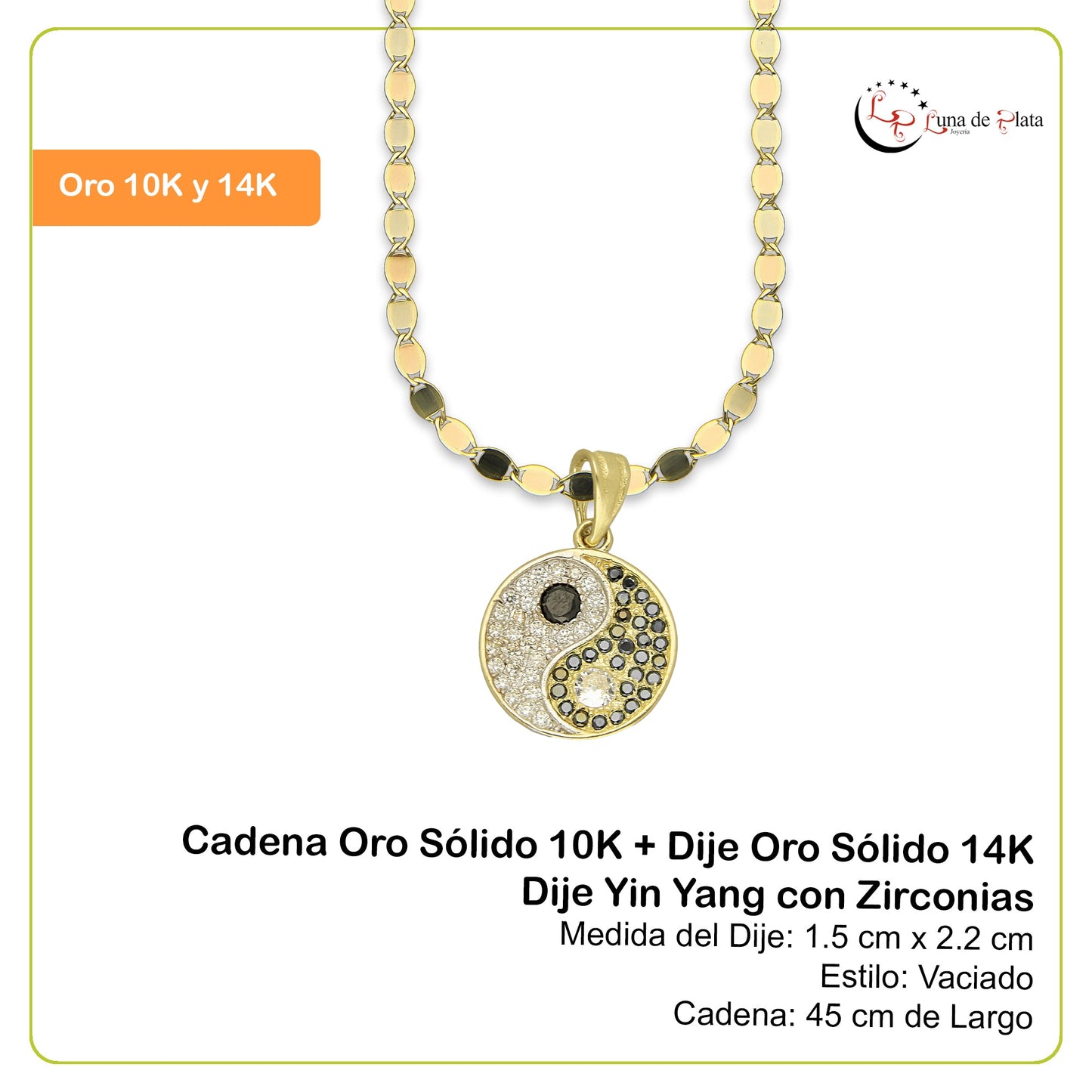 NR14DP063 Cadena Oro Sólido 10K + Dije Oro Sólido 14K Dije Yin Yang con Zirconias 1.5 cm x 2.2 cm