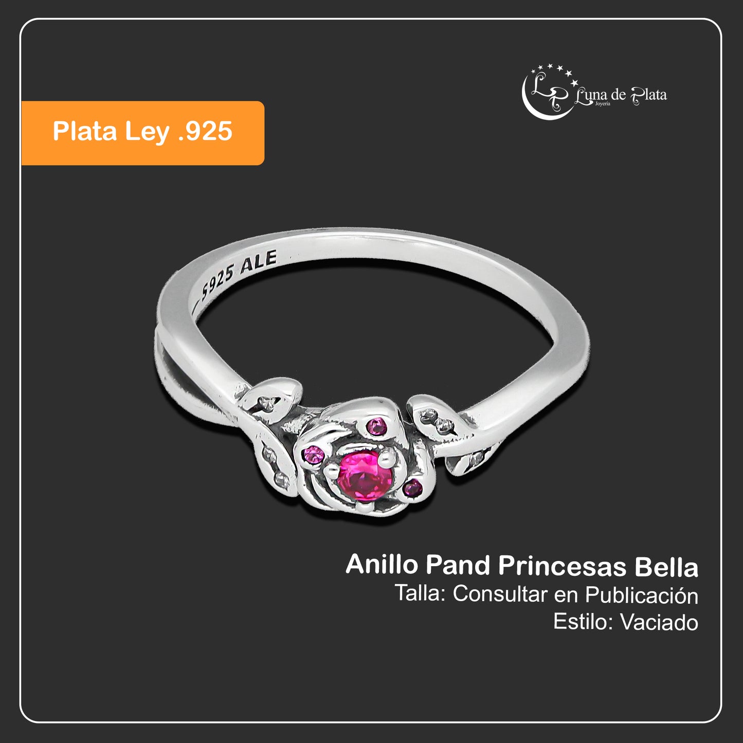 TMPAD002 Anillo Pand Princesas Bella en Plata Fina .925