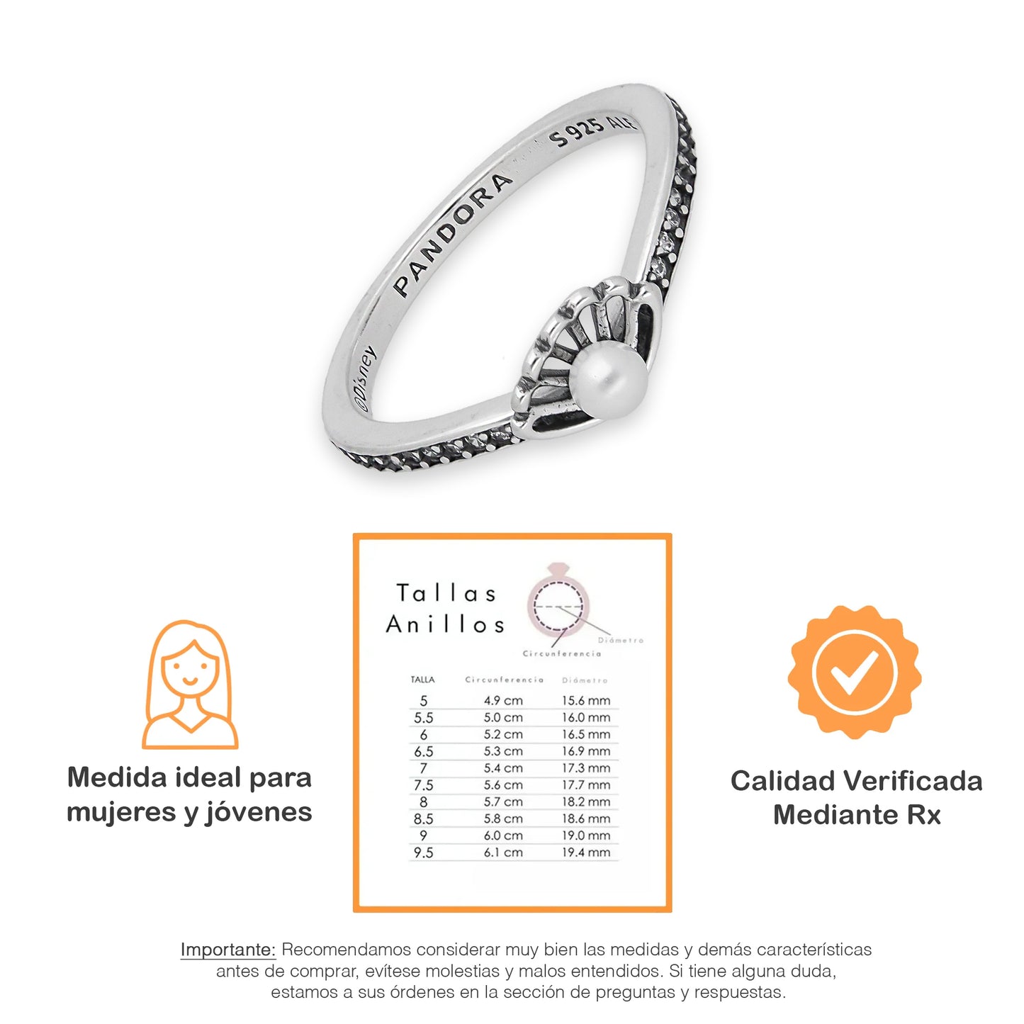 TMPAD004 Anillo Pand Princesas Sirenita en Plata Fina .925