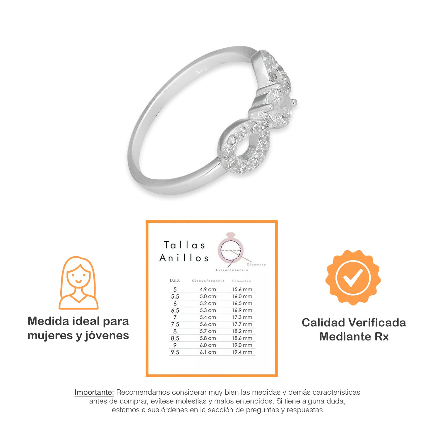 TMPAD008 Anillo de Infinito con Zirconia al Centro en Plata Fina.925