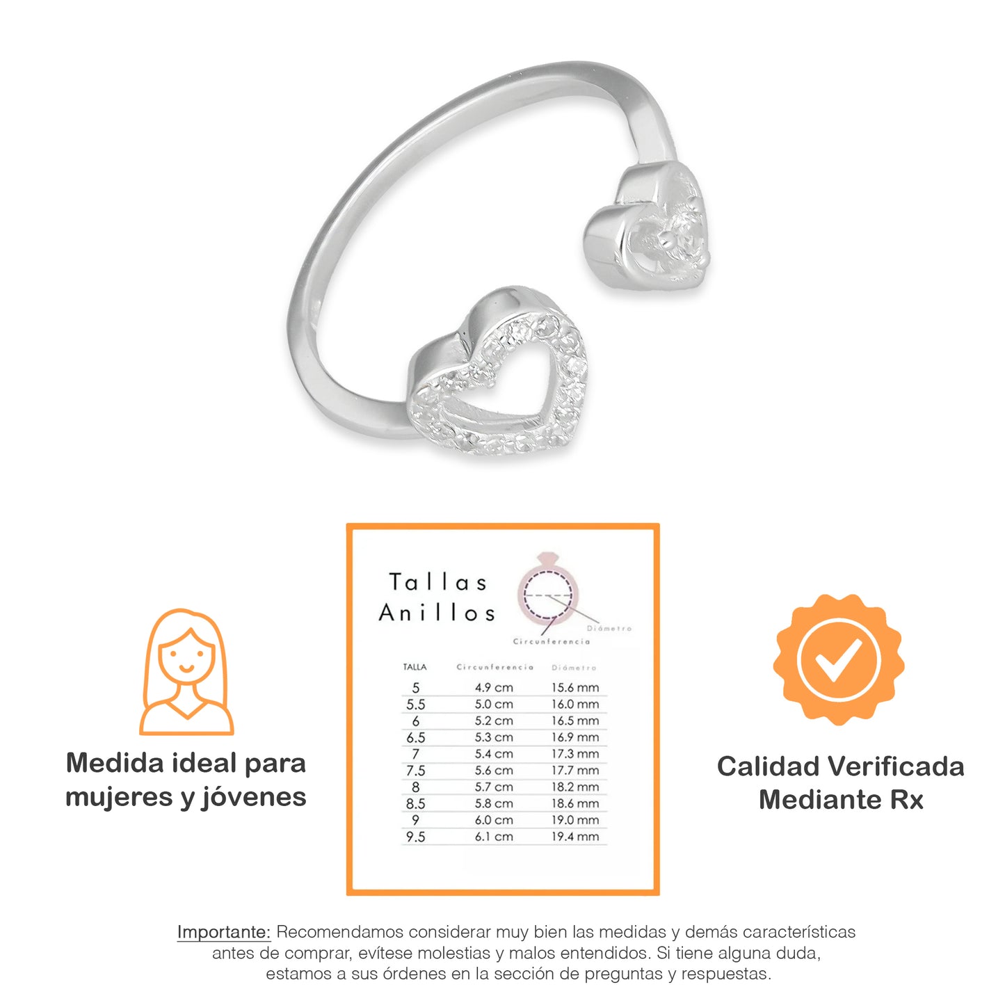 TMPAD013 Anillo Ajustable Corazon Doble en Plata Fina .925