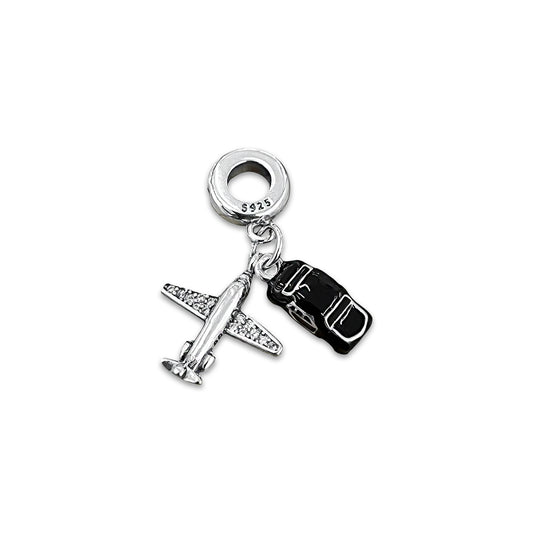 TMPCH009 Dije Charm Pand Avión con Zirconias y Coche Negro en Plata Fina .925
