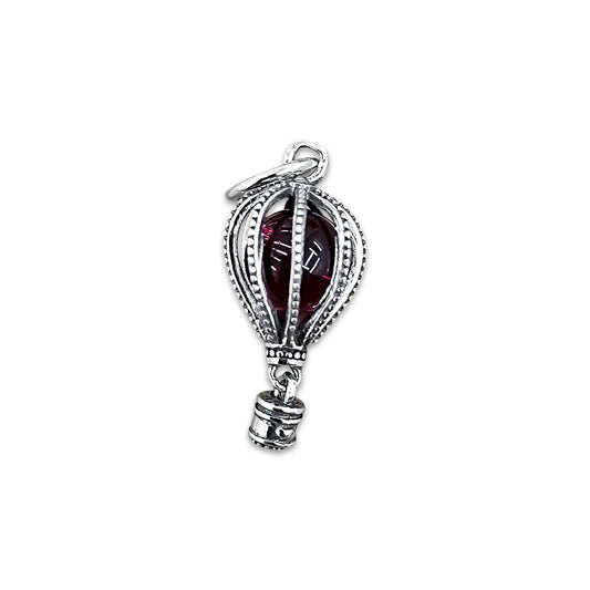 TMPCH020 Dije Charm Pand Globo Aerostático Piedra Redonda Roja en Plata Fina .925
