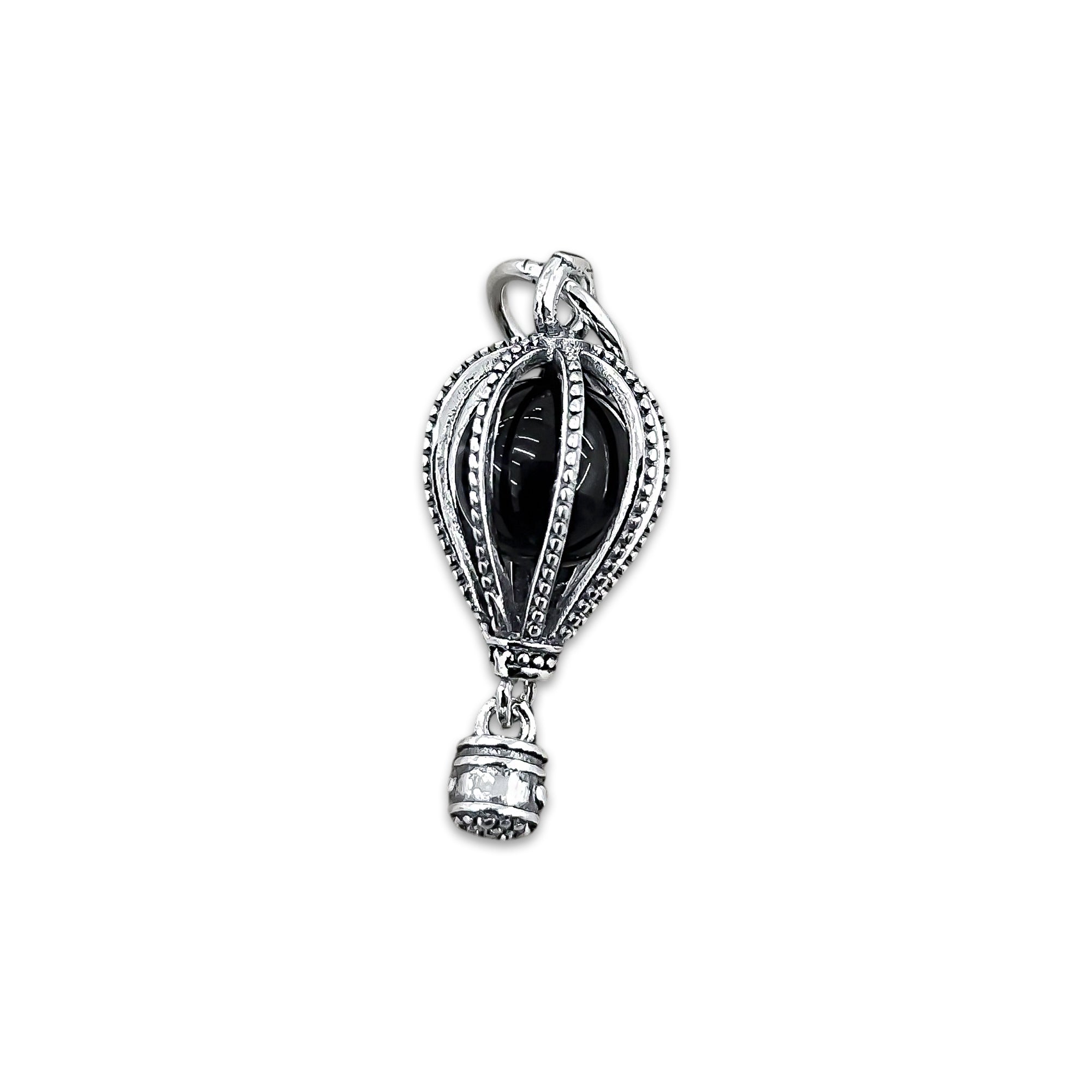 TMPCH022 Dije Charm Pand Globo Aerostático Piedra Redonda Negra en Plata Fina .925