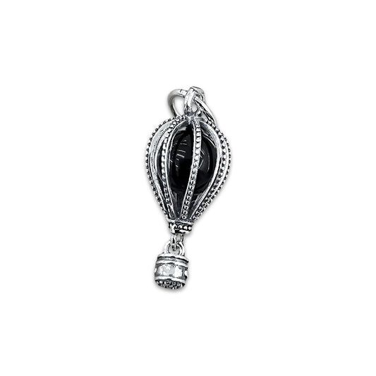 TMPCH022 Dije Charm Pand Globo Aerostático Piedra Redonda Negra en Plata Fina .925