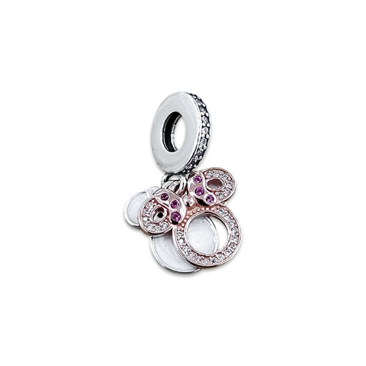 TMPCH030 Dije Charm Pand Silueta Minnie Plata Rosa con Zirconia Fondo Blanco en Plata Fina .925