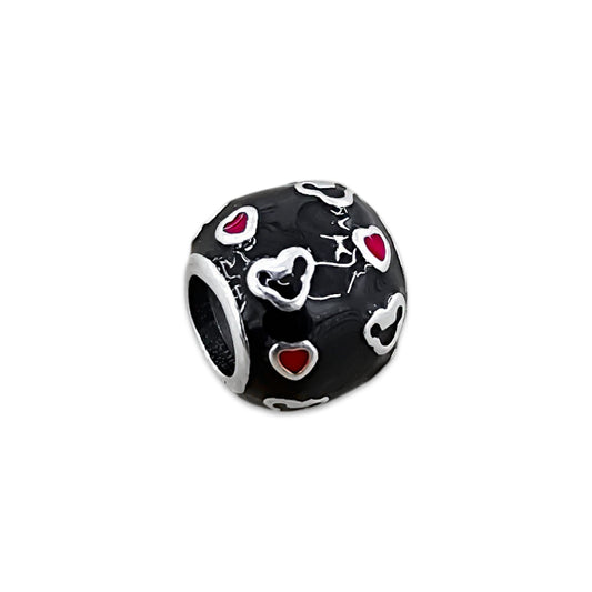 TMPCH033 Dije Charm Pand Bola de Fuego Esmalte Negro con Corazones en Plata Fina .925