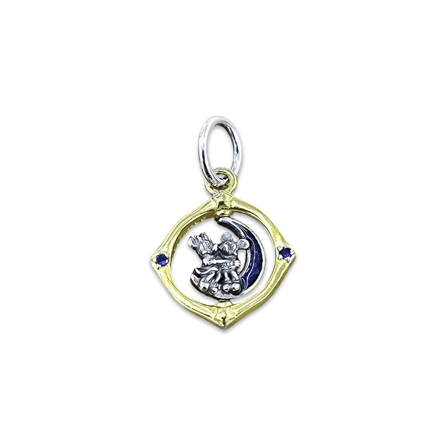 TMPCH045 Dije Charm Pand Circulo Dorado Minnie y Mickey en Luna en Plata Fina .925