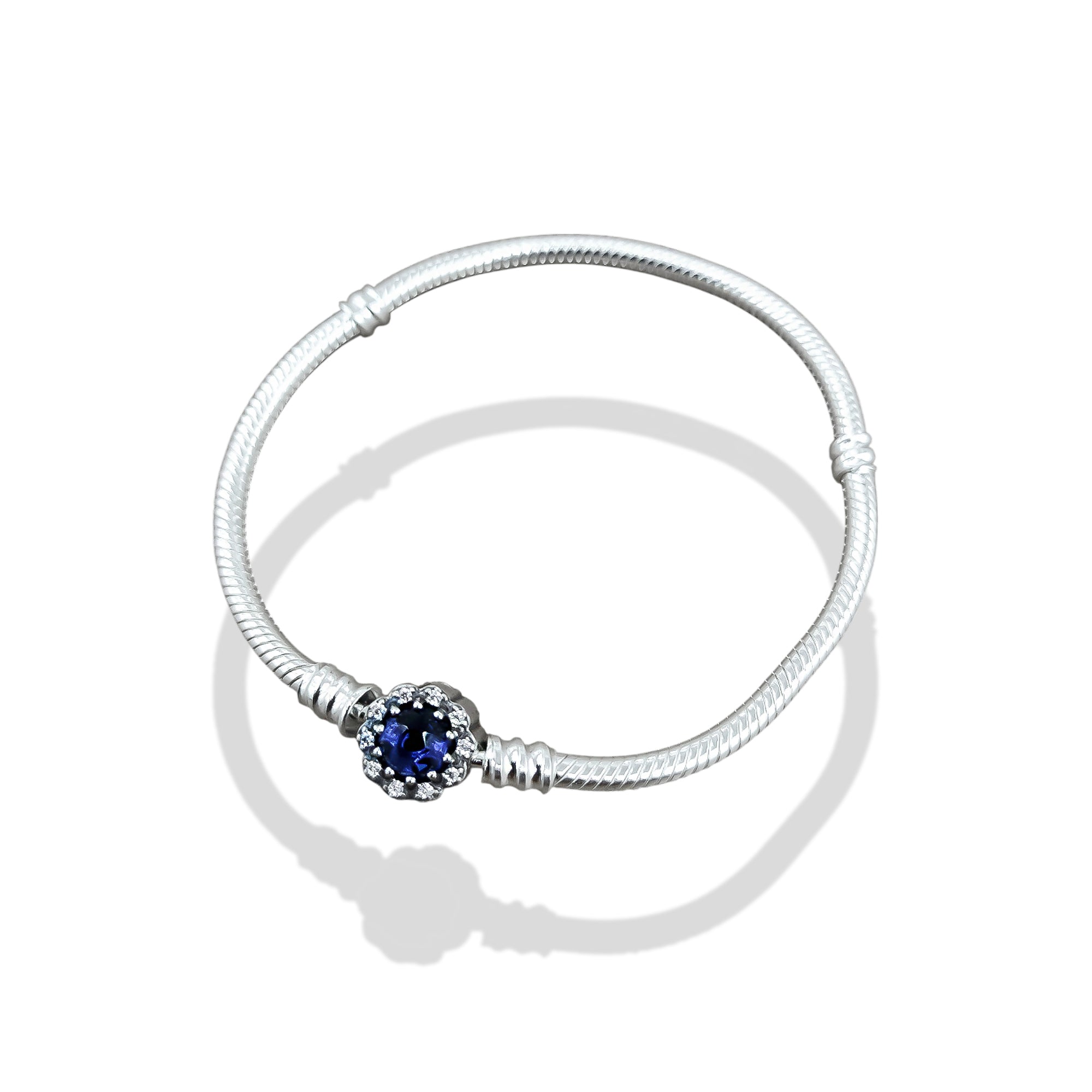 TMPPD004-17 Pulsera Dama Pand Círculo Zirconia Centro Azul 17 cm en Plata Fina .925
