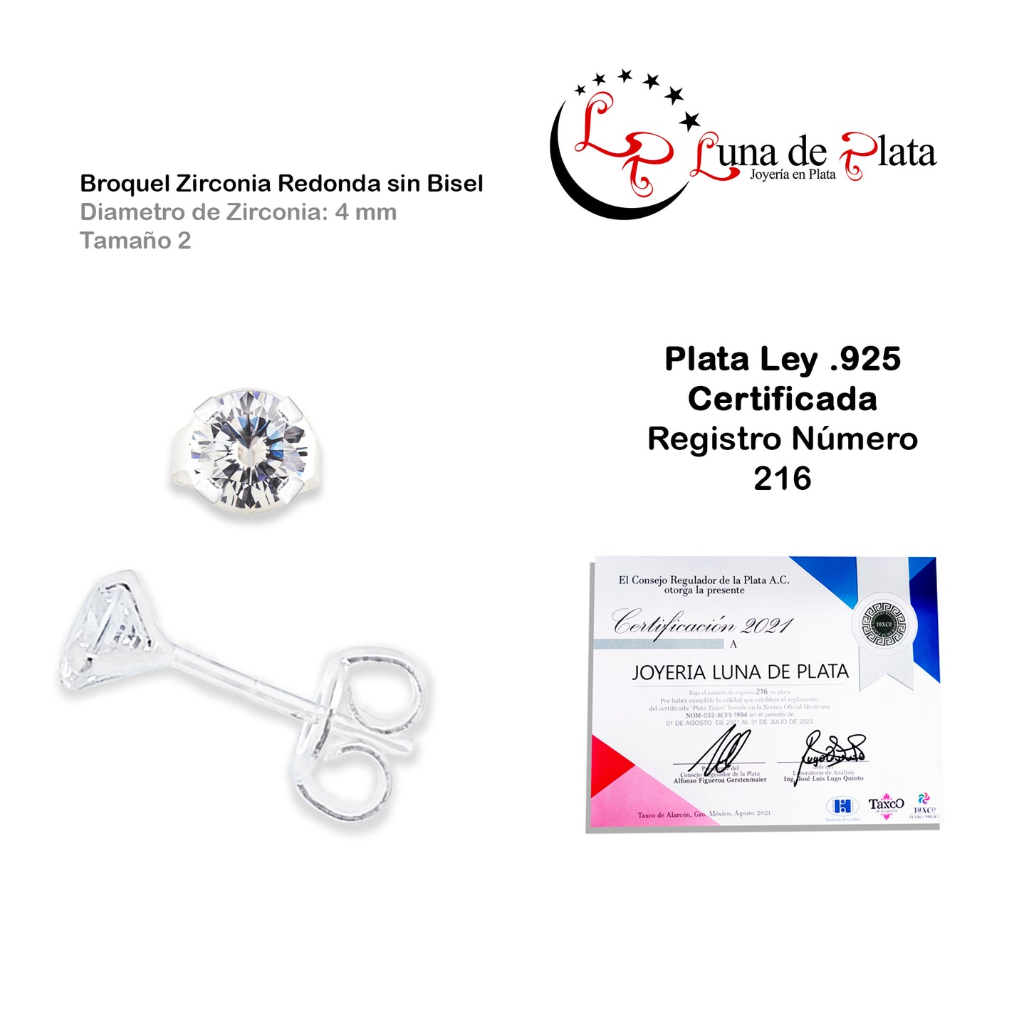 LPAP033 Aretes Broquel Zirconia Red S B 4 mm Tam 2 Plata .925 Taxco 1440133191