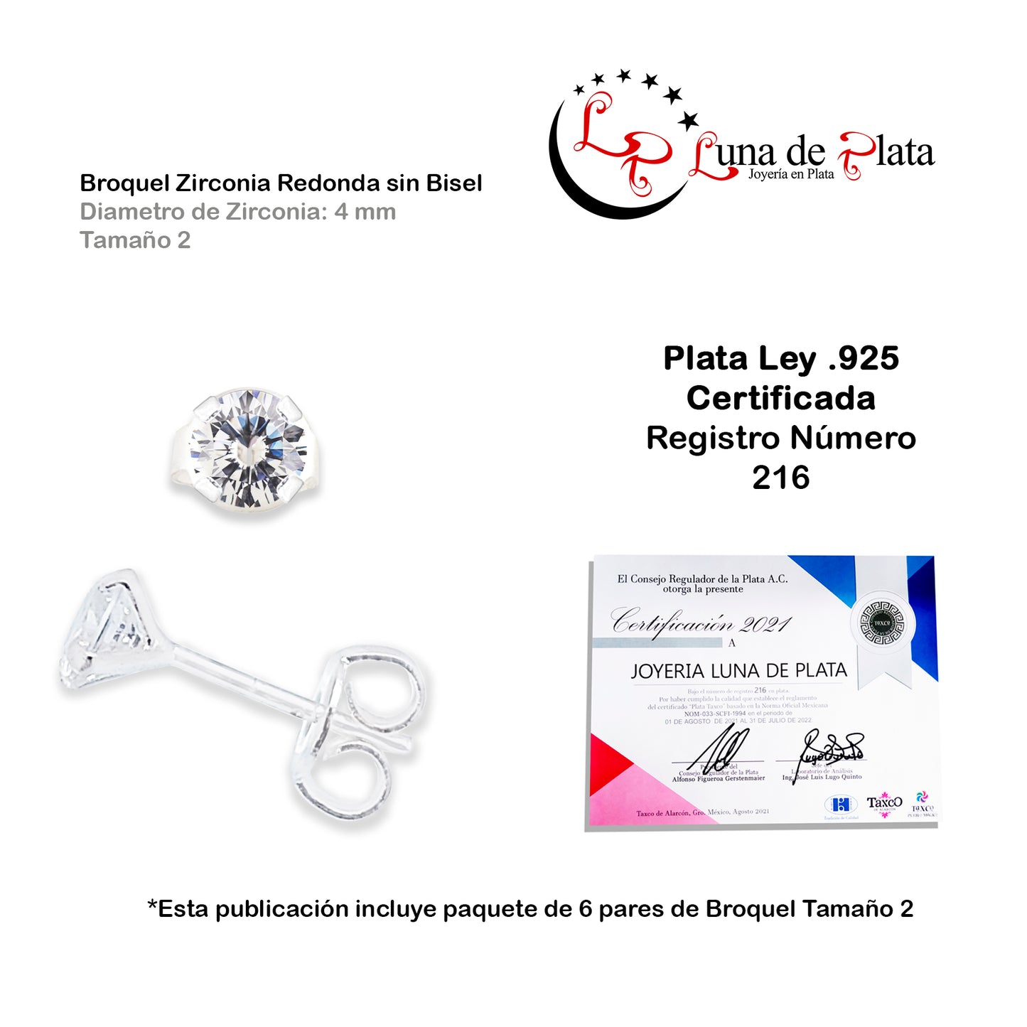 LPAPP002 Aretes Broquel Zirc Pack 6 Pzas Mayoreo Tam 2 4 mm Plata .925 1442214209