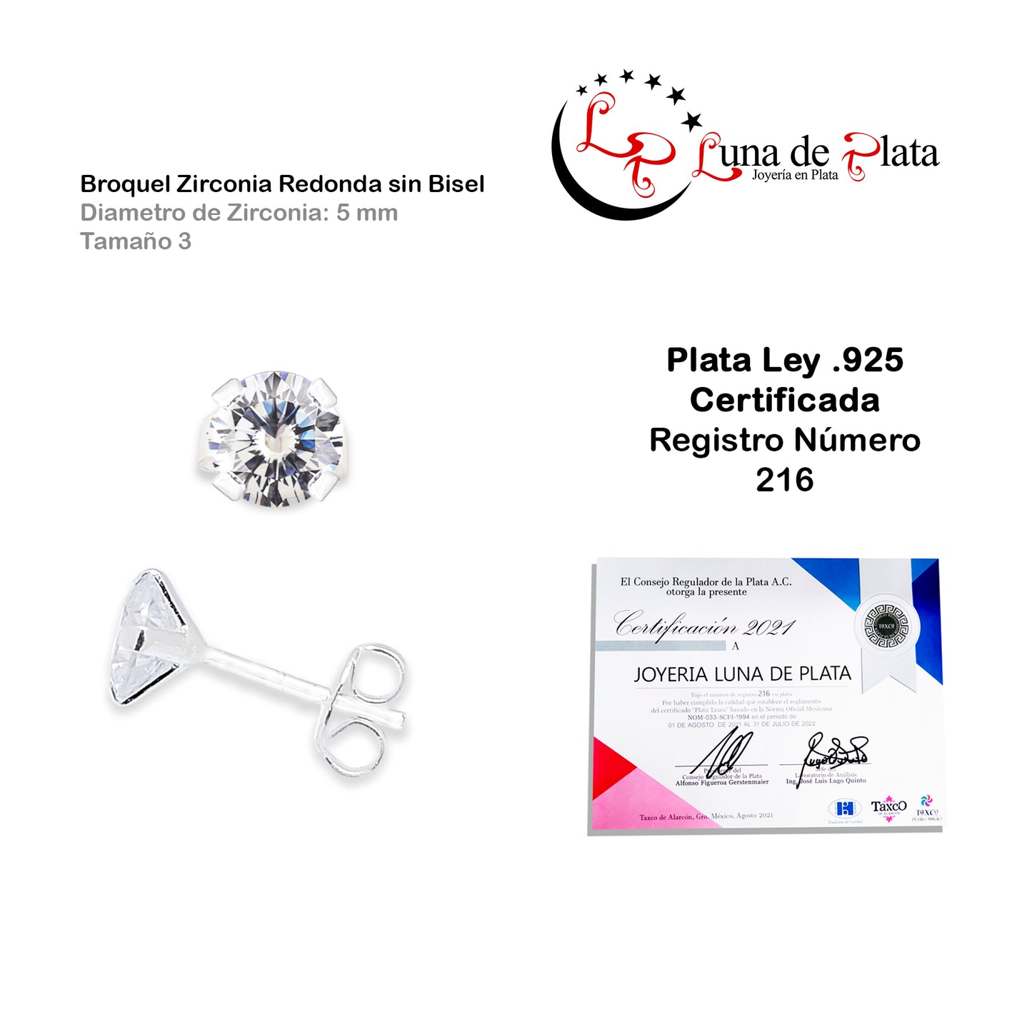 LPAP034 Aretes Broquel Zirconia Red S B 5 mm Tam 3 Plata .925 Taxco 1440121735