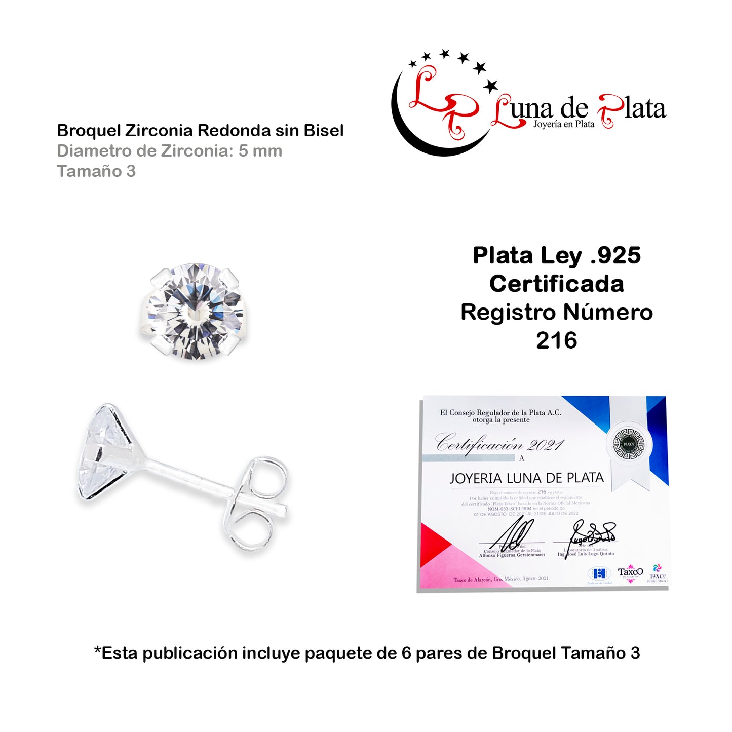 LPAPP003 Aretes Broquel Zirc Pack 6 Pzas Mayoreo Tam 3 5 mm Plata .925 1442214665