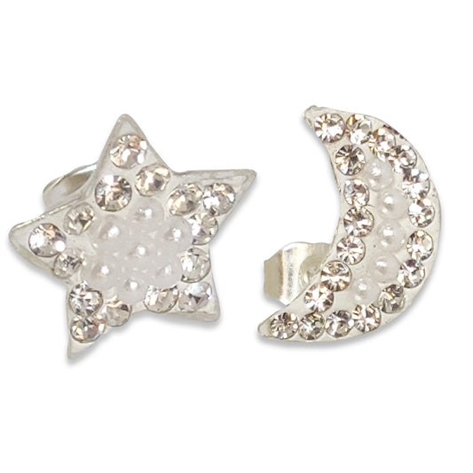 LPAP028 Arete Broquel Mini Perlas Luna y Estrella Plata Ley .925 Taxco 1353256385