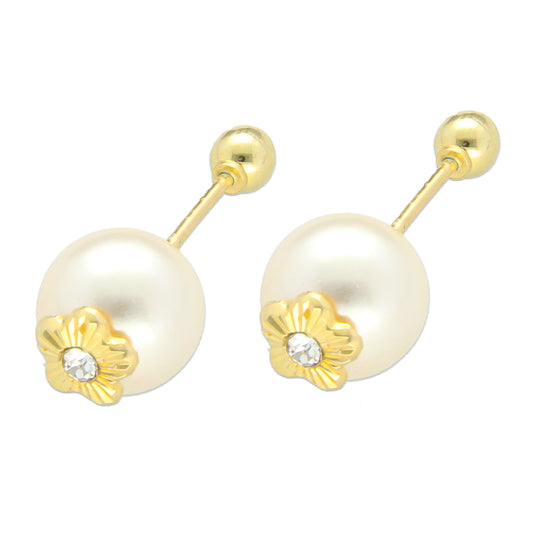 LPAUBR012 Aretes Broquel de Oro 10K Niña o Mujer Perla C/Flor Diam 149d 1832053096