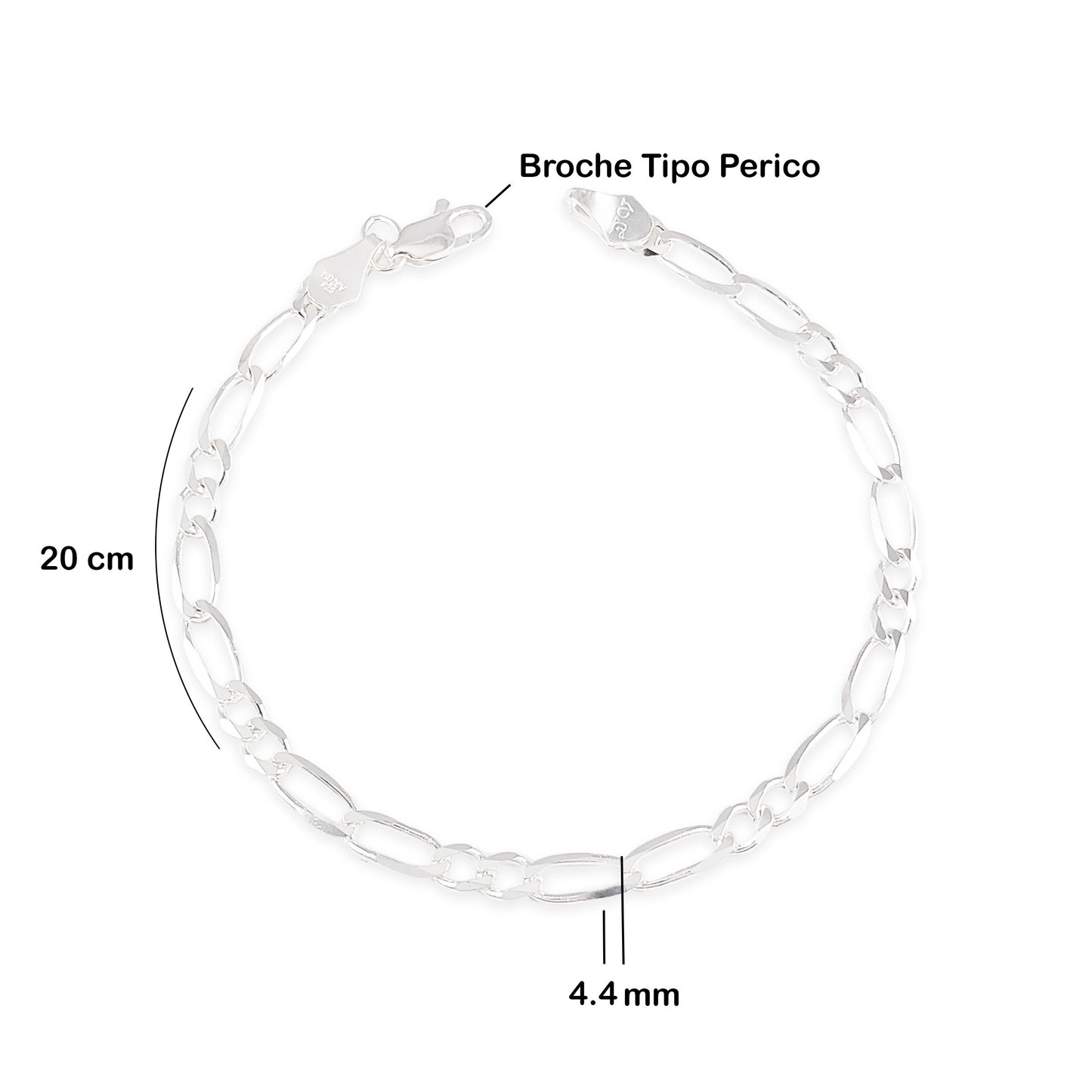 LPPC047 Pulsera Fígaro 2 x 2 4.4 mm x 20 cm en Plata Ley .925, Taxco Gro 1499221429