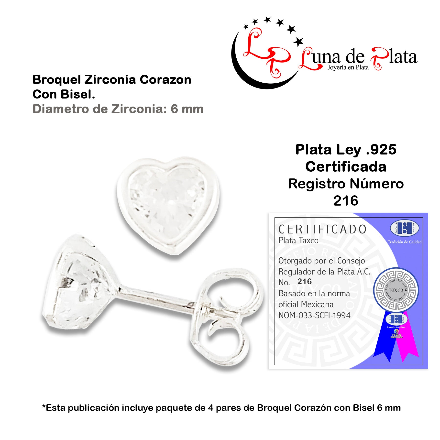 LPAPP006 Arete Broquel Zirc Cora CB 6 mm Pack 4 Pzas Mayoreo Plata .925 1460265534